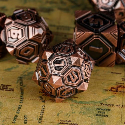 Metal UFO Dice Set, 7 Die Metal Polyhedral Dice Set for DND Dungeons and Dragons Role Playing Games,with Skull Bag.(Ancient Red Copper) - color: Ancient Red Copper