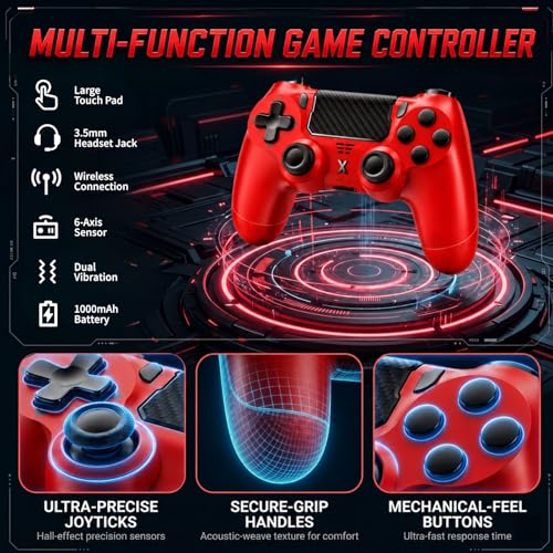 BJXOZ Wireless Controller for PS4 Controller, Gamepad with Dual Vibration | 1000mAh, Six-axis Gyroscope Sensor, USB-C Port, Speaker, 3.5mm Headphone Jack, Touchpad, Compatible with PS4/Slim/Pro/PC - color: Red