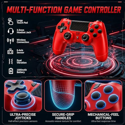 BJXOZ Wireless Controller for PS4 Controller, Gamepad with Dual Vibration | 1000mAh, Six-axis Gyroscope Sensor, USB-C Port, Speaker, 3.5mm Headphone Jack, Touchpad, Compatible with PS4/Slim/Pro/PC - color: Red