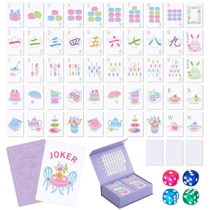 Soulchen 168-Piece PVC American Mahjong Cards, Large Print Set | Tea Party Wonderland design, magnetic storage box, large print cards, travel play, family game nights - color: Lavender, style: Tea Party
