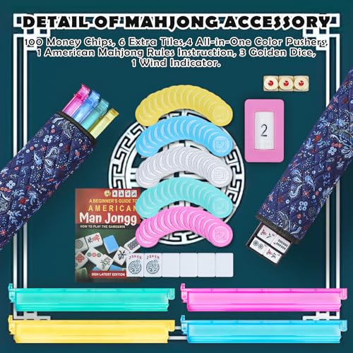 New American Mahjong Game Set, 166 Premium White Tiles with Portable Metal Dices, 4 All-in-One Racks with Pushers, Mah-Jong Games Sets, Ma Jong Tile Game (Blue)
