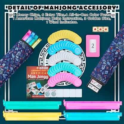 New American Mahjong Game Set, 166 Premium White Tiles with Portable Metal Dices, 4 All-in-One Racks with Pushers, Mah-Jong Games Sets, Ma Jong Tile Game (Blue)