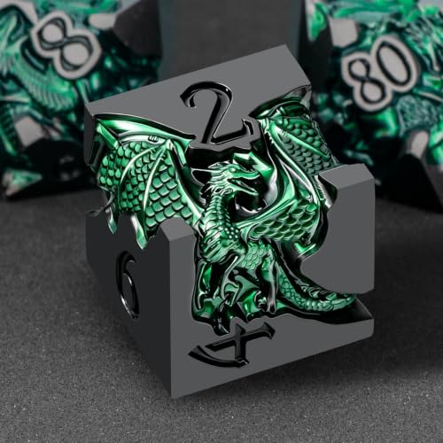 Roycevon Relief Dragon DND Dice Set for Role Playing Game, 7Pcs Metal D&D Dice Set Dungeons Dragons with Gift Box, Polyhedral D and D Dice D20 D12 D10 D8 D6 D4, Green and Black - color: Green and Black