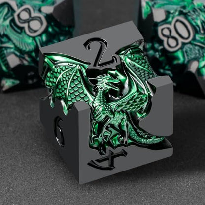 Roycevon Relief Dragon DND Dice Set for Role Playing Game, 7Pcs Metal D&D Dice Set Dungeons Dragons with Gift Box, Polyhedral D and D Dice D20 D12 D10 D8 D6 D4, Green and Black - color: Green and Black