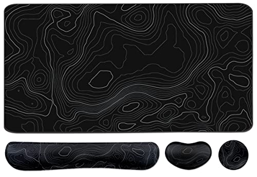 Topographic Large Mouse Pad and Keyboard Wrist Rest, Desk Pad for Keyboard and Mouse, 4-in-1 Large Gaming Mouse Pad with Wrist Support, Non-Slip Desk Mat for Home Office Study Game-Topographic Contour - color: Topographic Contour