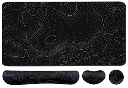 Topographic Large Mouse Pad and Keyboard Wrist Rest, Desk Pad for Keyboard and Mouse, 4-in-1 Large Gaming Mouse Pad with Wrist Support, Non-Slip Desk Mat for Home Office Study Game-Topographic Contour - color: Topographic Contour