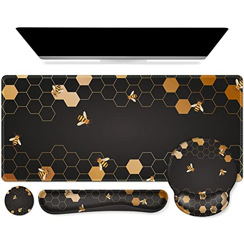iCasso Honeycomb Mousepad 35.4"x15.7", Desk Protector for Workspace | Travel Mousepad Set with Keyboard Wrist Rest, Stylish Ergonomic Desk Pad for Computer Vanity Office Workspace Area - color: Honeycomb