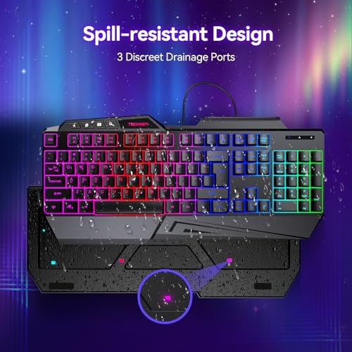 TECKNET Wired RGB Gaming Keyboard - 26-Key Anti-Ghosting, 13 Lighting Modes, Spill-Resistant, 108 Membrane Keys, Plug & Play - with Ergonomic Wrist Rest & Phone Holder for Windows/Mac (Black)