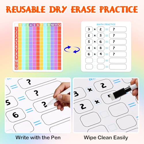 Multiplication Games for Kids, 12x12 Multiplication Board with Rainbow Charts, Double-Sided Sensory Math Learning Games with Dry Erase Marker, Addition & Multiplication