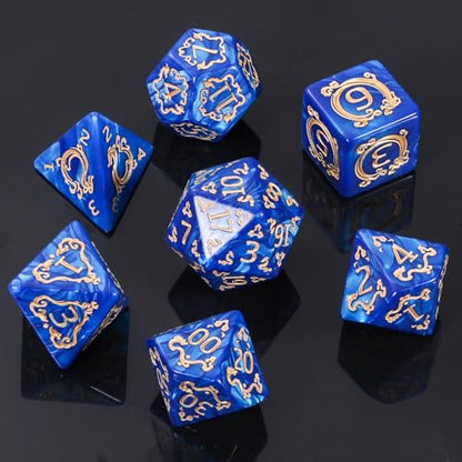DND Dice Set - 7 Polyhedral Role Playing Dice with Gold Dragon Design, Acrylic D&D Dice Perfect for Dungeons and Dragons, Pathfinder, Warhammer, RPG Games (Blue) - color: Gold Dragon-blue