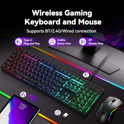 Redragon S107KS Wireless Gaming Keyboard and Mouse, RGB Backlit, 3 Mode (Wired/2.4G/BT), Up to 10,000 DPI Gaming Mouse with Software, Ultra Lightweight 65g, 25 Key Anti-Ghosting Keyboard for PC - color: Black-New