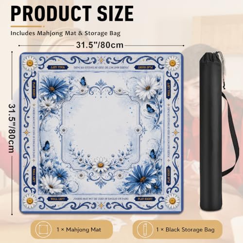 Blue White Daisy Butterfly Mahjong Mat for Table 31.5''x31.5'', Non-Slip Noise Reduction Mah Jongg Mats with Carrying Bag for American Mahjong, Poker, Board Games, Card Games & Dominoes - color: Blue White Daisy Butterfly