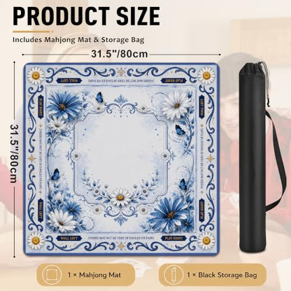 Blue White Daisy Butterfly Mahjong Mat for Table 31.5''x31.5'', Non-Slip Noise Reduction Mah Jongg Mats with Carrying Bag for American Mahjong, Poker, Board Games, Card Games & Dominoes - color: Blue White Daisy Butterfly