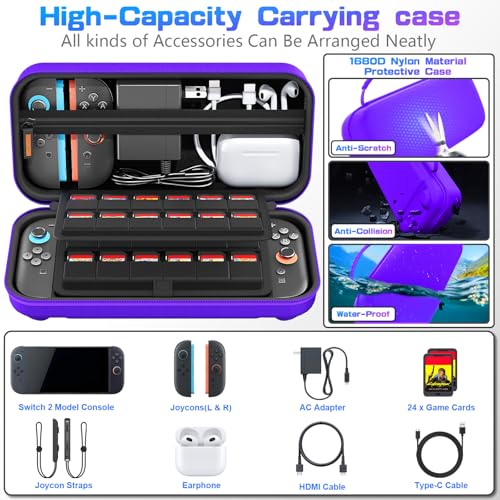 daydayup Switch Carrying Case Compatible with Nintendo Switch 2, with 24 Games Cartridges Protective Hard Shell Travel Carrying Pouch DS Case Purple - color: Purple, size: 2025-Inch