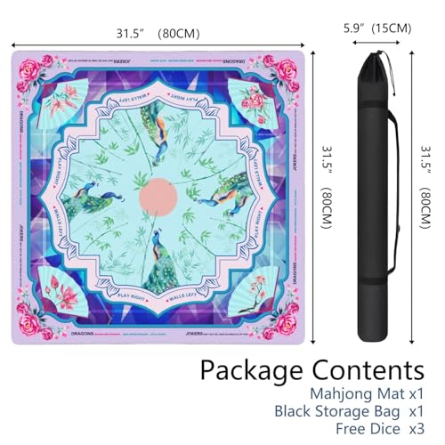 Blue Mahjong Mat for Table, 31.5*31.5in Anti Slip American Mahjong Table Cloth, Noise Reduction, Neoprene Mah jongg Mat with Carrying Bag & 3 Dices, Mahjong Set Gift for Board Tile Games Mats, Peacock - color: Blue02