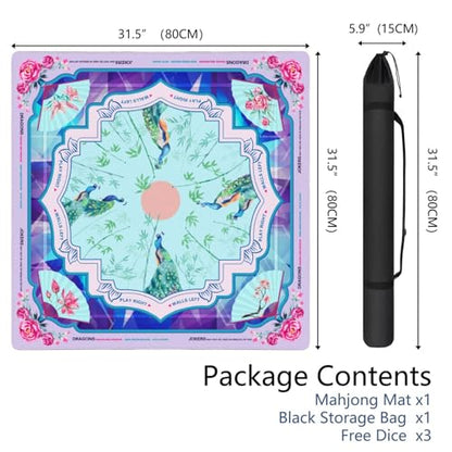 Blue Mahjong Mat for Table, 31.5*31.5in Anti Slip American Mahjong Table Cloth, Noise Reduction, Neoprene Mah jongg Mat with Carrying Bag & 3 Dices, Mahjong Set Gift for Board Tile Games Mats, Peacock - color: Blue02