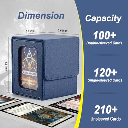 MTG Deck Box, Double Display Window MTG, Commander Deck Box Fits 120+ Single Sleeved Cards, PU Leather Magnetic Closure Card Box with 2 Dividers&2 Toploaders for TCG, CCG, Blue - color: Blue, size: 1 pack