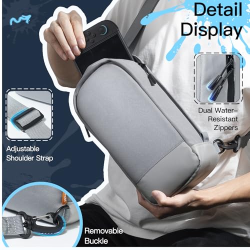 JETech Sling Bag for Nintendo Switch 2/Switch OLED/Switch Console, Grey | Crossbody Carrying Design, 8 Game Card Slots, Large Storage Capacity, Travel-Friendly Organization - color: Grey