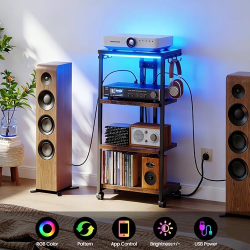 Homeiju AV Media Stand with Charging Station & APP-Controlled RGB Lights | Wooden Entertainment Center, Gaming & TV Stand, Storage for PS5/Xbox/Stereo & DVD Organizer