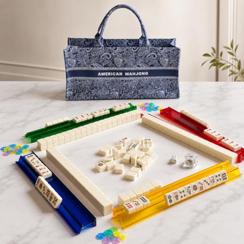 American Mahjong Set 166 Tiles with 4 Acrylic Racks&Pushers (Blue) | 166 premium cream ivory tiles with 4 acrylic racks/pushers 4 guides, scoring coins, dice, wind indicator & carrying bag