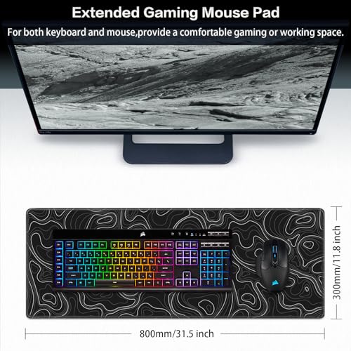 Canjoy Gaming Mouse Pad, Topographic Large Extended Mouse Pad 31.5x11.8inch | Full Desk Mousepad Keyboard Mat Big Large Mouse Pads for Desk Extended Computer Mat with Anti-Slip & Double Stitched - color: Black Topographic, size: 800*300mm