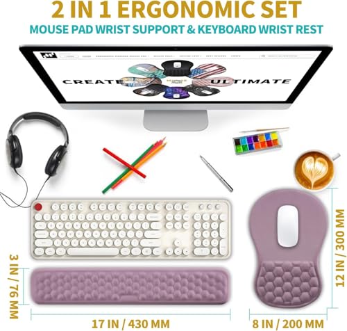 Hokafenle 2 in 1 Ergonomic Mouse Pad Wrist Support & Wrist Rest for Computer Keyboard Set, with Relieve Carpal Tunnel Pain Massage Bulge and Full Memory Gel Design (2In1 Set, Purple) - color: Hk009-purple