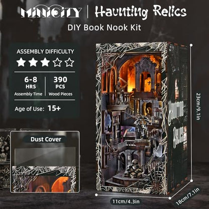 MiniCity Haunting Relics Book Nook Kit, DIY Wooden Bookshelf Model with LED | Create a haunted mansion for display; LED, dust cover, glue/tools and guide included; 390 pieces, 8-10 hr build, ages 14+. - style: Haunting Relics