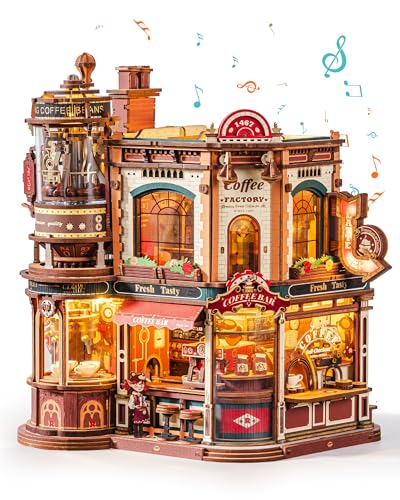 ROBOTIME Moving Coffee Factory 3D Wooden Puzzle for Adults — Mechanical Building Kit with Music Box & Warm LED Lights, 593PCS No-Glue Book Nook Kit, Miniature House Kit Desk Decor, Unique Gift