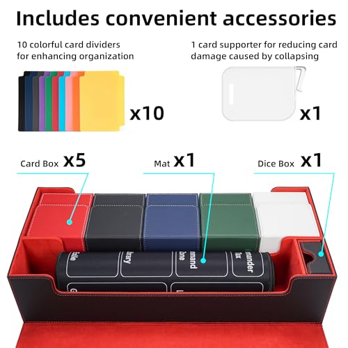 AFIING MTG Deck Box 6 In1 with MTG Playma,Premium Card Storage Box with 5 Pcs MTG Deck Box Holds 2400+ Trading Cards, Large TCG Card Deck Case for Magic Yugioh Sports Cards (Black&Red) - color: Set Black Red