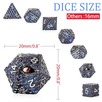 Dragon Eye Metal Dice Set, 7 Pcs Dragon Scale Metallic Dice Set, Gift Metal Box for Dungeons and Dragon Tabletop Game (Glitter Blue Dragon Scale & Red Eye) - color: Glitter Blue Dragon Scale & Red Eye