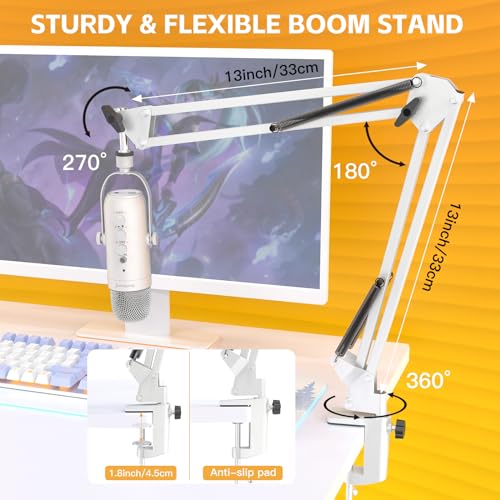 ZealSound Gaming Microphone for PC, USB Podcast Microphone with Noise Reduction, Mute & Gain Control, Zero-Latency Monitoring, Echo Control, Boom Arm, for Mac, iPhone, Stream, YouTube, TikTok (White) - color: White