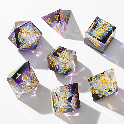Sharp Edge DND Dice Set Handmade 7 Accessories Dice for Dungeons and Dragons TTRPG Games, Multi-Sided RPG Polyhedral Resin Sharp Edge Dice Roleplaying Games - color: Sequin Purple