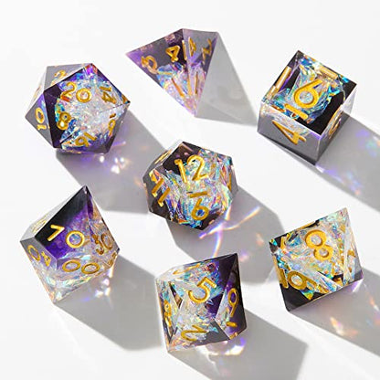 Sharp Edge DND Dice Set Handmade 7 Accessories Dice for Dungeons and Dragons TTRPG Games, Multi-Sided RPG Polyhedral Resin Sharp Edge Dice Roleplaying Games - color: Sequin Purple
