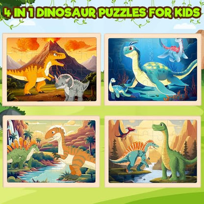 Wooden Puzzles Dinosaur Toys for Kids Ages 3-5, 4 Packs Jigsaw Dino Puzzles for Kids Ages 4-6, Educational Boards Game Gifts for 3 4 5 6 Boys Girls - style: Dinosaur