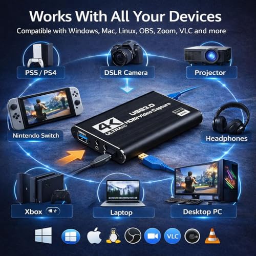 TOAKA USB 3.0 HDMI Capture Card 1080P 60FPS, Video Capture Card for Streaming Gaming, Compatible with PS5 PS4 Xbox Switch Camera PC