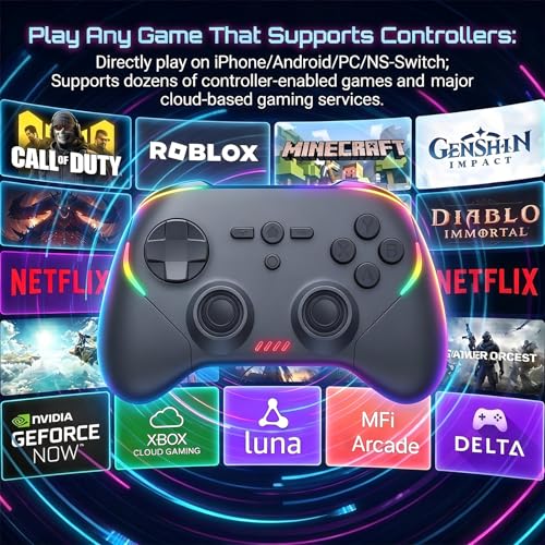 Megadream Phone Controller for PC/Switch 2|Swith/Android/iPad/Tablet/iPhone Controller - RGB light - Hall Effect Trigger/Joystick - Call of Duty, Roblox, Genshin Impact, Direct Play - color: Black