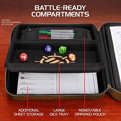 ENHANCE RPG Organizer Case - DnD Binder with Built-in Character Sheet Holder and Erasable Scribe Panel, Dice Rolling Area, Removable Pen Pouch, Miniature Foam Tray, Wrist Strap - color: Dragon Brown