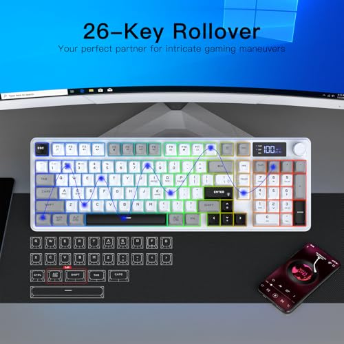 Wireless Gaming Keyboard with Smart Display & Knob Control, Tri-Mode BT5.0/2.4GHz/Wired RGB Backlit Computer Keyboards with Number Pad, 26-Key Rollover, Compatible for Windows, Mac