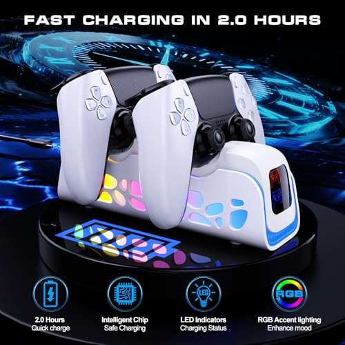 PS5 Controller Charger Dock for DualSense/Edge, 6 RGB Modes | ABS shell for PS5 setups charges DualSense/Edge controllers with auto-align dock, 6 RGB modes and safety chip