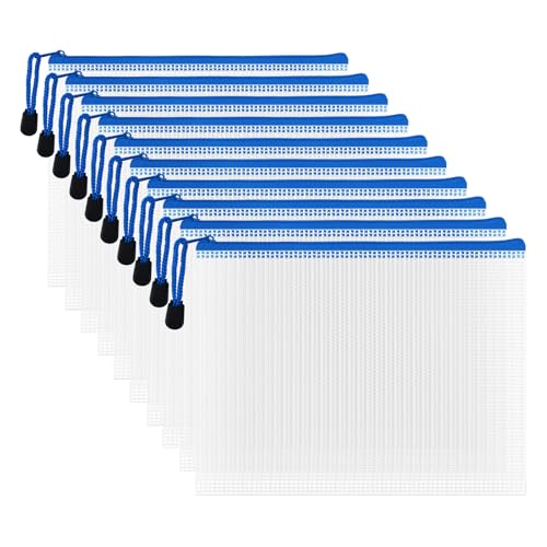 10 Pcs Zipper File Bags, Waterproof Plastic Mesh Pouch for Office School, Board Game Storage Bags (A5 Size 9.2''x6.7'', White and Blue) - color: White and Blue, size: A5 Size 9.2 x 6.7 inch