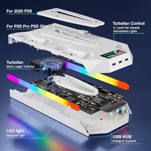 PS5 Cooling Station Stand RGB with Dual Controller Charging Station for PlayStation 5 Console, PS5 Accessories Incl. Controller Charger, Cooling Fan, Headset Holder, 3 USB Hub - color: color-white