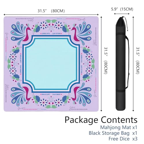 Mahjong Mat for Table with Carrying Bag & 3 Dice, Lavender Peacock 31.5"x31.5" Square Rubber Mahjong Table Cover, Non-Slip & Noise Reduction Gaming Mat for Mah Jongg, Poker, Dominoes & Tile Games - color: Lavender Purple