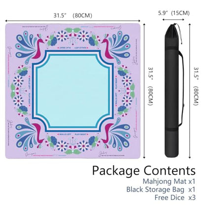 Mahjong Mat for Table with Carrying Bag & 3 Dice, Lavender Peacock 31.5"x31.5" Square Rubber Mahjong Table Cover, Non-Slip & Noise Reduction Gaming Mat for Mah Jongg, Poker, Dominoes & Tile Games - color: Lavender Purple