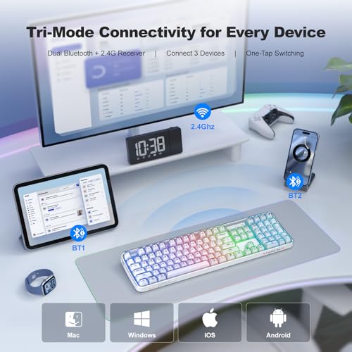 GEEZER Computer Backlit Keyboard White Crystal - Full-Size Bluetooth Wireless Rechargeable Transparent Keycap Portable Keyboards Compatible with Windows, Laptop, PC, Desktop - color: White Crystal