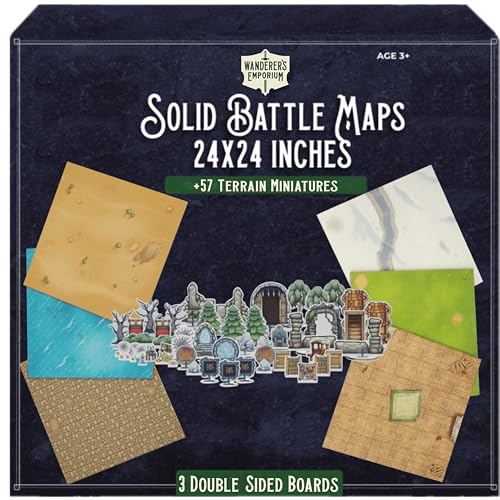 DND Map Starter Set + Terrain Minis | 24" x 24" Double Sided | Wet/Dry Erase with Grid | + Bonus 57x Terrian Miniatures. Markers Included. (6 Battle Map Bundle + Terrain Pack)