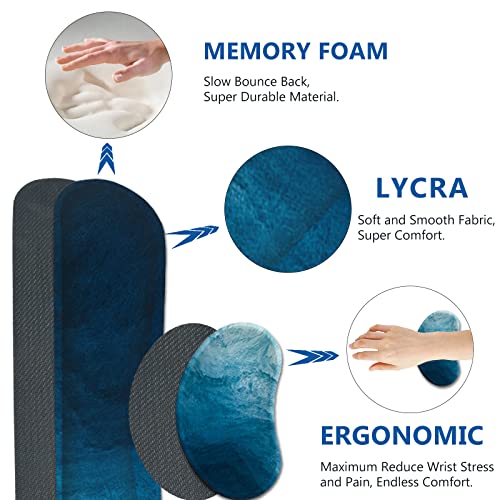 AIMSA Large Gaming Mouse Pad Set, Keyboard Wrist Rest Support + Extended Mouse Pad + Mouse Wrist Cushion + Coaster, Ergonomic Memory Foam Multifunctional Desk Mat 35x15.7inch (Dark Blue Waves) - color: Dark Blue Waves