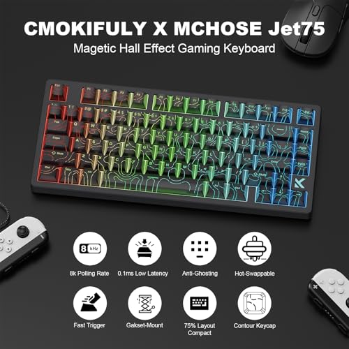 x MCHOSE Jet75 Magnetic Keyboard,75% Wired Gaming Keyboard Hall Effect Switch,Rapid Trigger Mode,8K Hz Polling Rate,0.1ms Lantency,Rhythmic RGB Backlight (Topograhic Black, Starburst Switch) - color: Topograhic Black, size: Starburst Switch