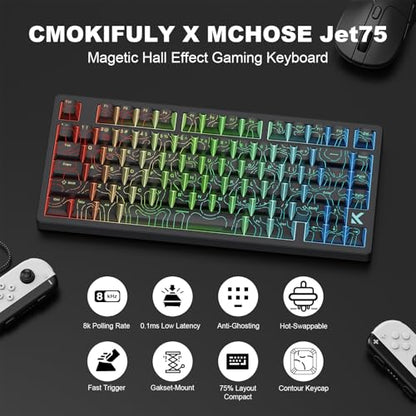 x MCHOSE Jet75 Magnetic Keyboard,75% Wired Gaming Keyboard Hall Effect Switch,Rapid Trigger Mode,8K Hz Polling Rate,0.1ms Lantency,Rhythmic RGB Backlight (Topograhic Black, Starburst Switch) - color: Topograhic Black, size: Starburst Switch