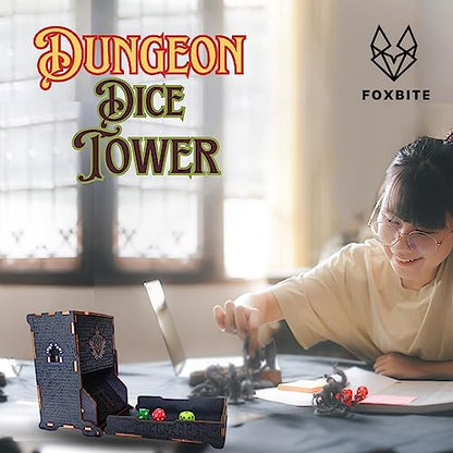 FOXBITE Dice Tower for Dungeons and Dragons Tower with Tray Wood Laser Etched DND Portable and Collapsible Dice Roller Perfect for Board Game and Tabletop RPG, Natural Wood Carved and Printed 5e