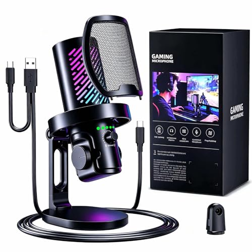 CG1 RGB Condenser Microphone Plug & Play, Noise Cancellation, Mute,Computer/Mic Monitoring Balance Adjustment, Headphone Jack, Desktop Stand for Gaming, Streaming, Podcasting, PC/Type-C Phones
